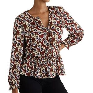 Madewell Viola Floral Drawstring Ruffle Hem Top Long Sleeve Sheer Burgundy Small